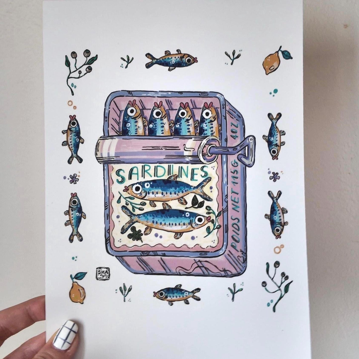 Illustration d'art boite de conserve sardines| Art Print Poisson | Illustration colorée pour cuisine ou décoration Murale