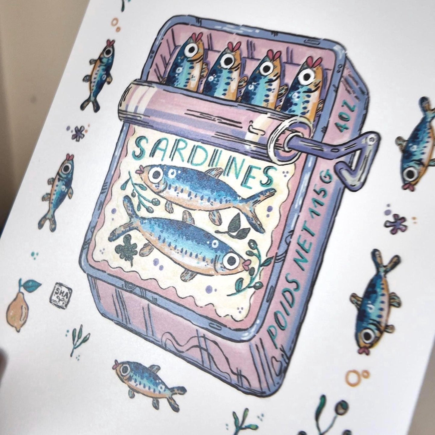 Illustration d'art boite de conserve sardines| Art Print Poisson | Illustration colorée pour cuisine ou décoration Murale