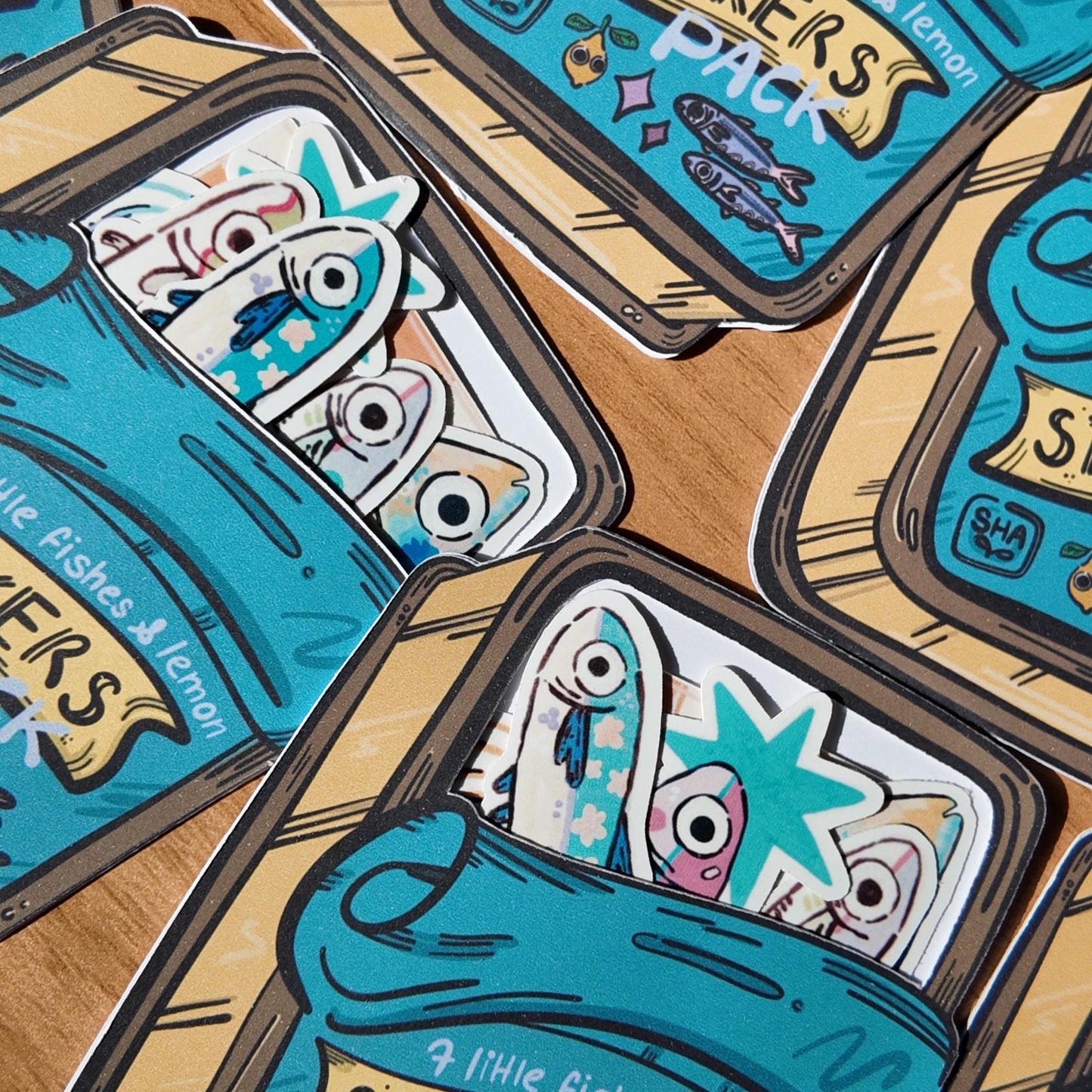 7-Pack Fish & Lemon Stickers - Original Stickers with Tin Can Packaging