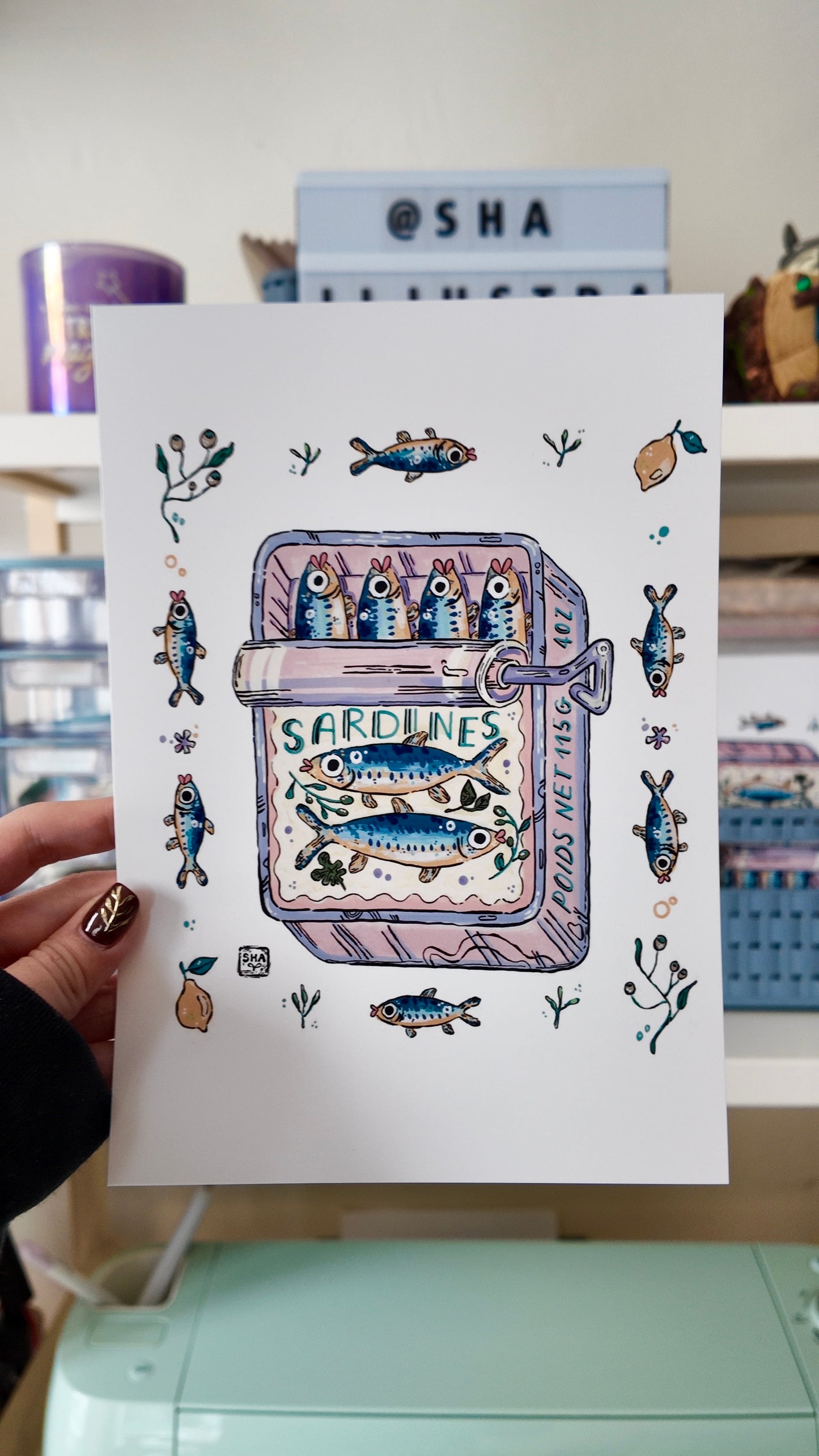 Illustration d'art boite de conserve sardines| Art Print Poisson | Illustration colorée pour cuisine ou décoration Murale