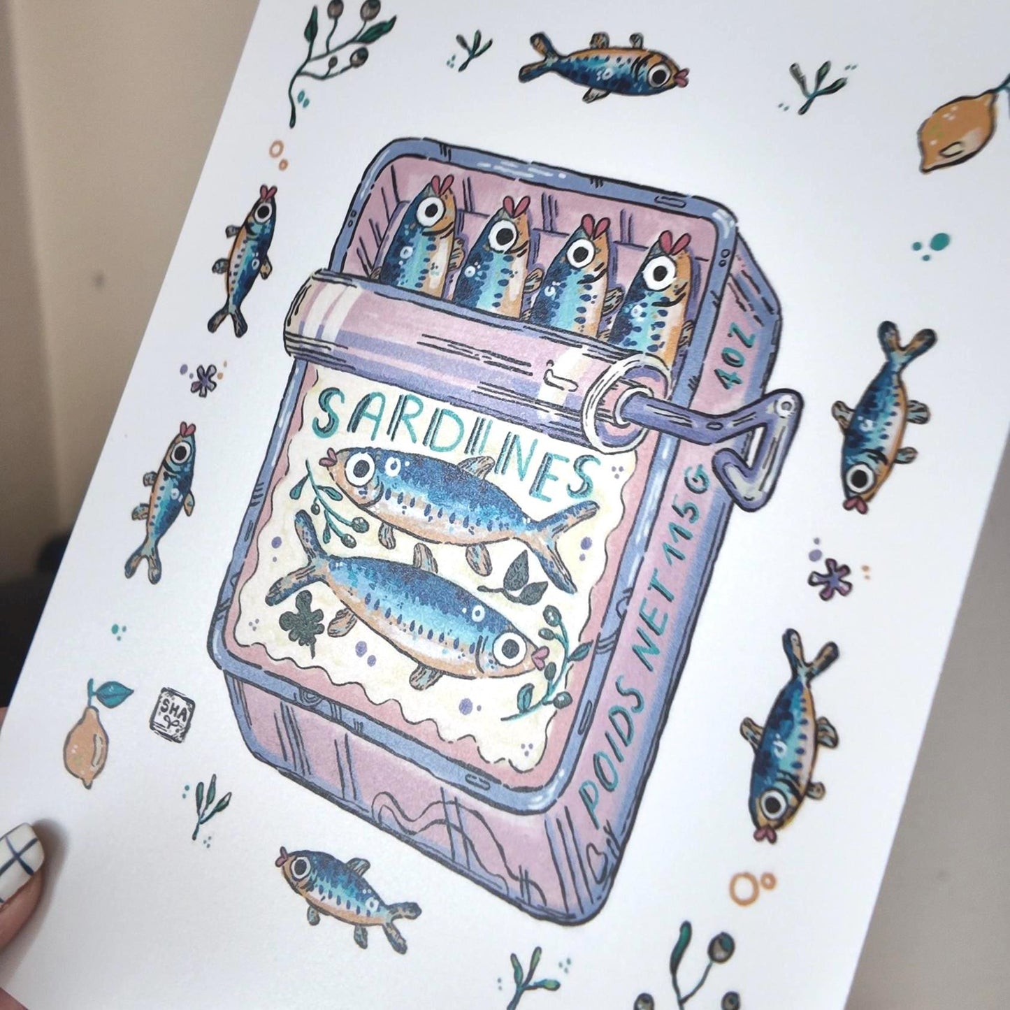 Illustration d'art boite de conserve sardines| Art Print Poisson | Illustration colorée pour cuisine ou décoration Murale