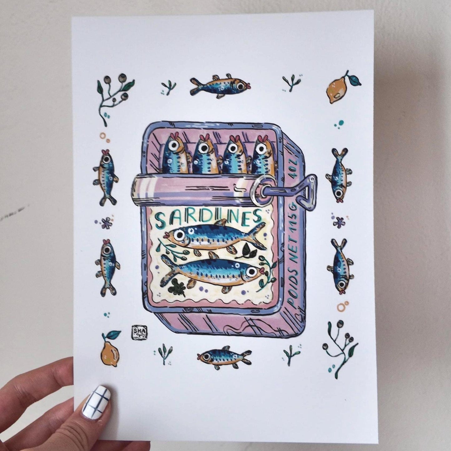 Illustration d'art boite de conserve sardines| Art Print Poisson | Illustration colorée pour cuisine ou décoration Murale