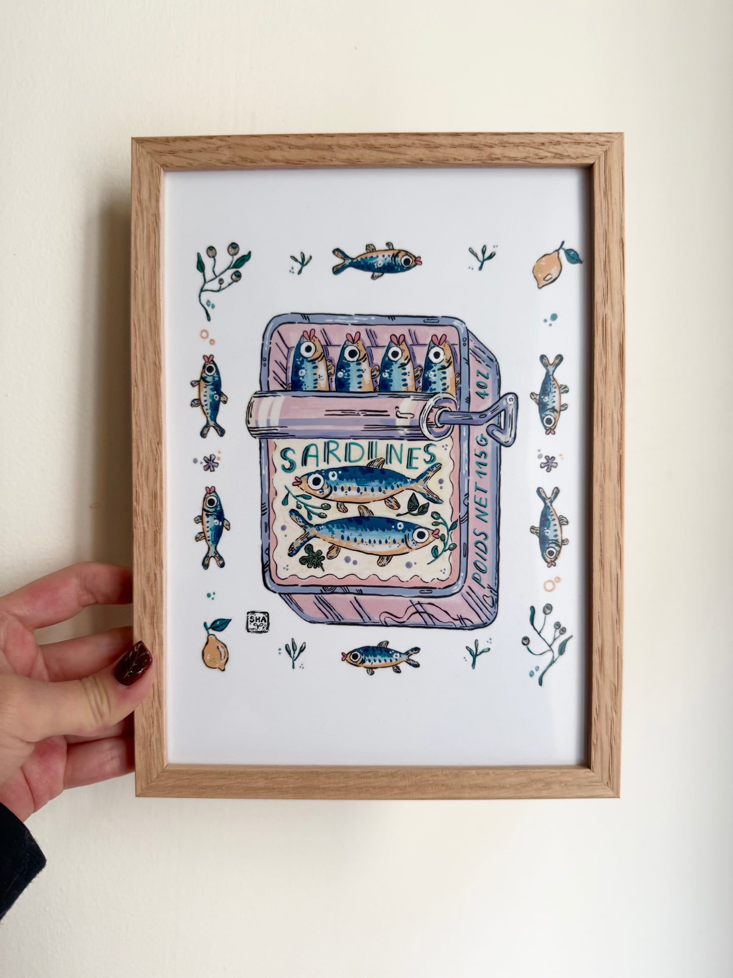 Illustration d'art boite de conserve sardines| Art Print Poisson | Illustration colorée pour cuisine ou décoration Murale